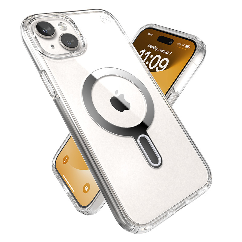 Speck Presidio Perfect-Clear ClickLock MagSafe Apple iPhone 15 Plus (Clear/Chrome Finish/Serene Silver)