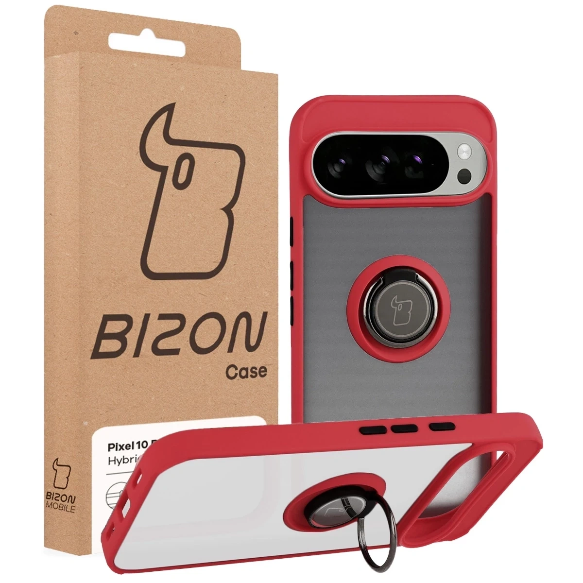 Etui z uchwytem na palec Bizon Case Hybrid Ring do Google Pixel 10 Pro XL przydymione z czerwoną ramką