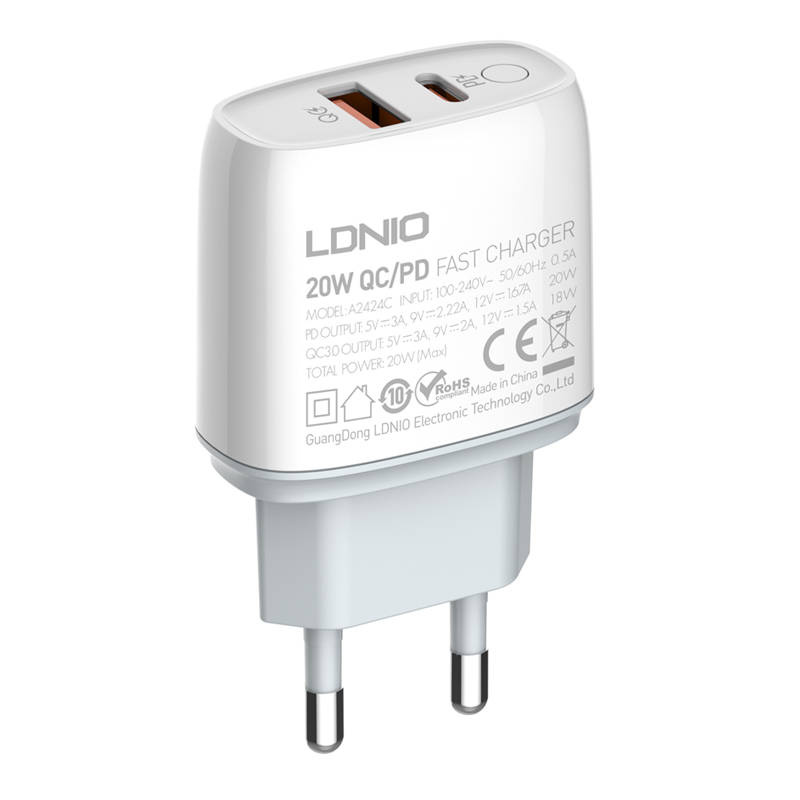 LDNIO A2424C USB, USB-C 20W mains charger + USB-C/USB-C cable