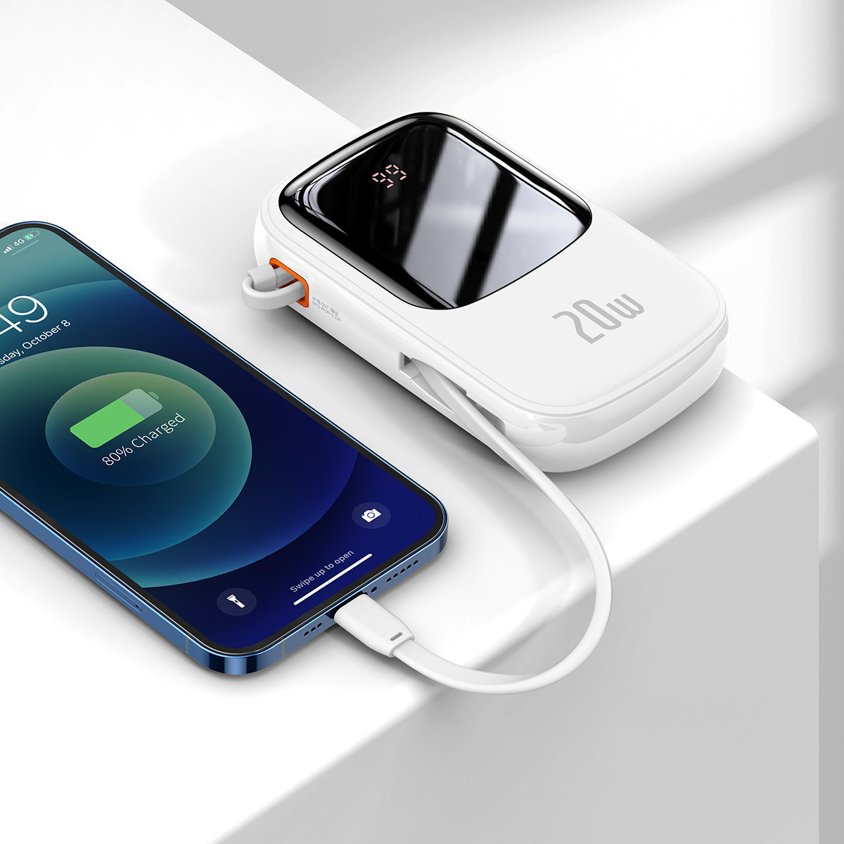 Baseus Qpow Digital Display Power Bank with Fast Charging 20000mAh 20W QC/PD/SCP/FCP with Built-in Lightning Cable White