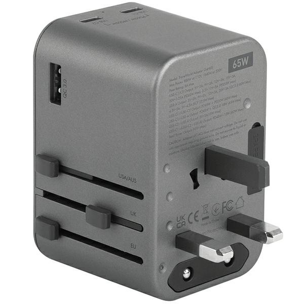 ENERGEA Travel World Adapter GaN65 4w1 US/UA/EU/UK USB-A, 2xUSB-C, PD65W, PPS55W, QC3.0 gunmetal 