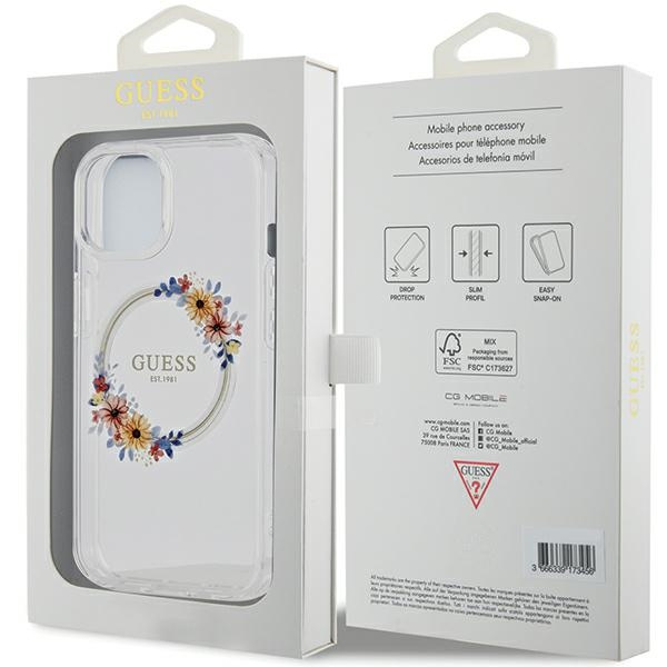 Guess GUHMP15SHFWFCT Apple iPhone 15 / 14 hardcase IML Flowers Wreatch MagSafe transparent