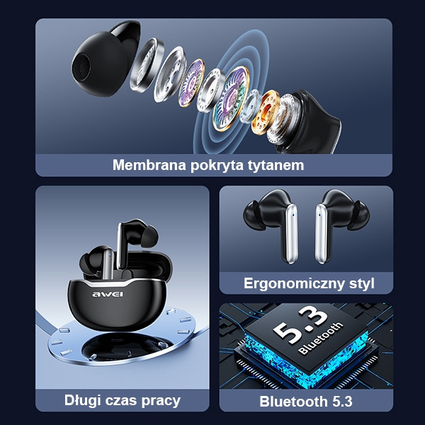 AWEI Earphones Bluetooth 5.3 T50 TWS + stacja dokująca czarny/black