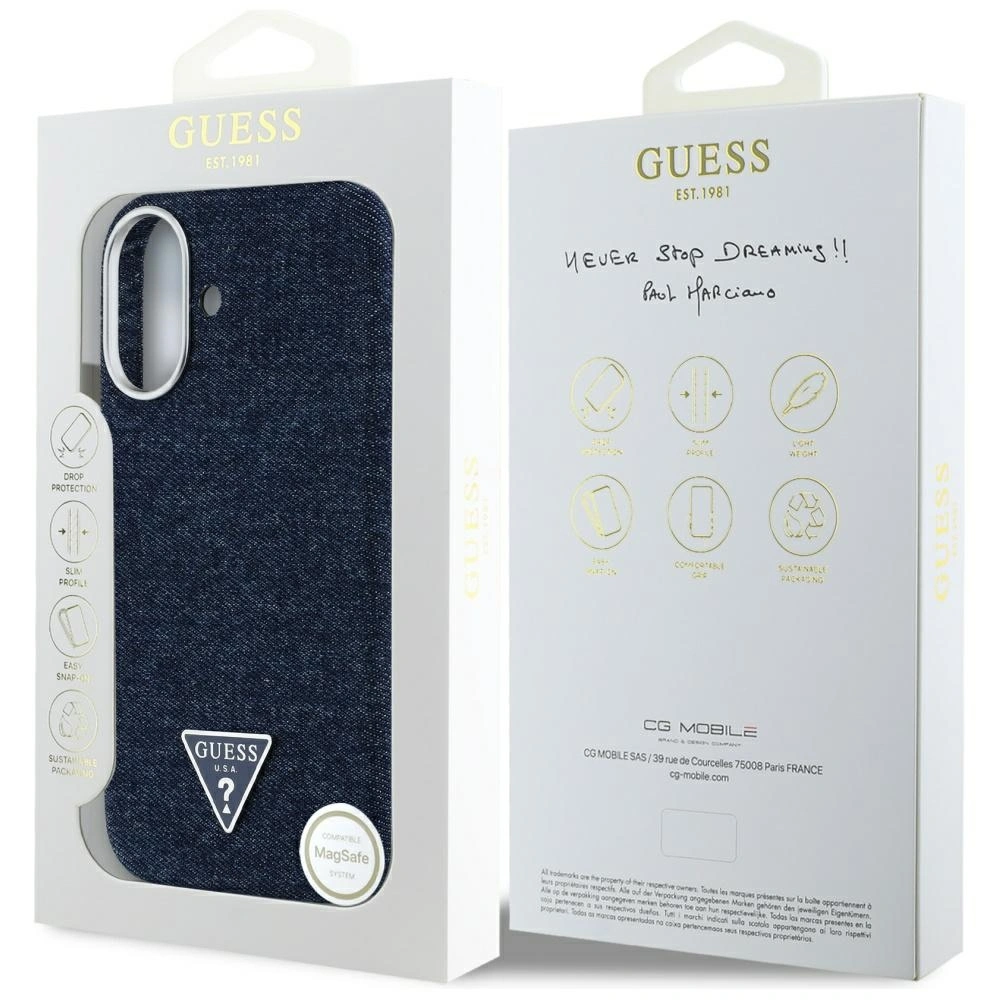 Guess Denim Triangle Logo MagSafe Apple iPhone 16 blue