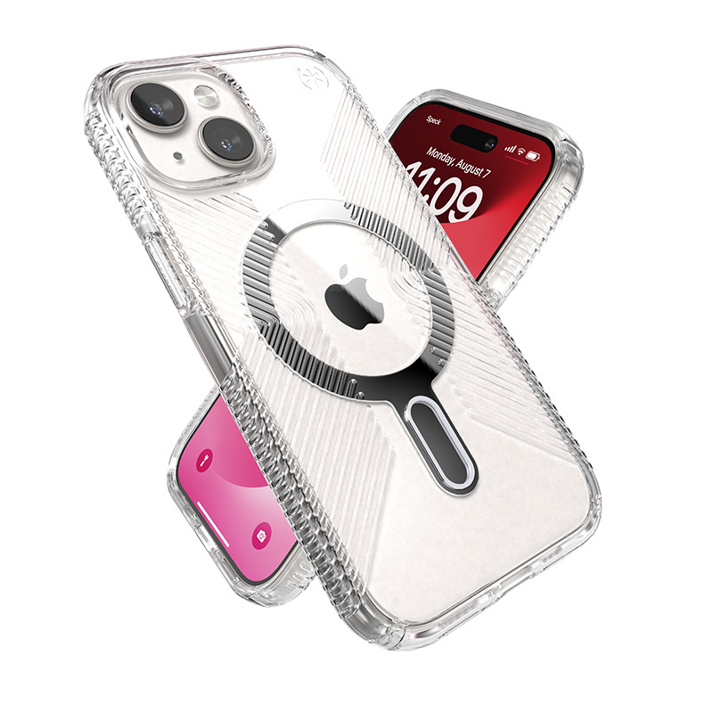 Speck Presidio Perfect-Clear Grip ClickLock MagSafe Apple iPhone 15 (Clear/Chrome Finish/Serene Silver)