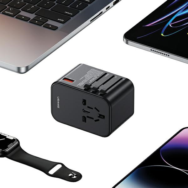 USAMS T62 Univesal Travel Charger US/AU/EU/UK 1xUSB, 2xUSB-C 65W black 