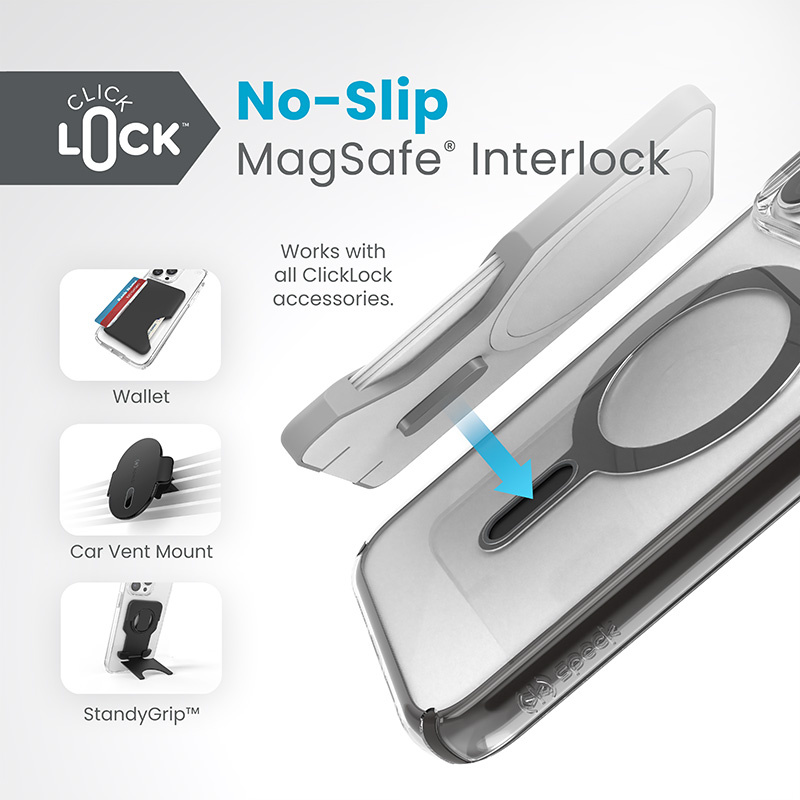 Speck Presidio Perfect-Clear ClickLock MagSafe Apple iPhone 15 Pro Max (Clear/Frosted Black/Slate Grey)