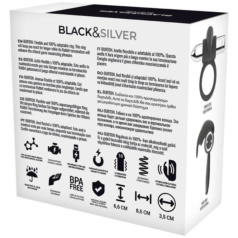 BLACK&SILVER- BURTON RECHARGEABLE RING 10 VIBRATION MODES