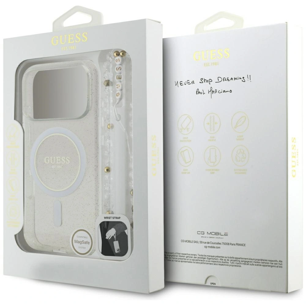 Etui Guess IML Glitter Pearl Strap MagSafe do Apple iPhone 17 Pro przezroczysty