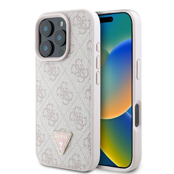Case Guess GUHCP16XP4TDPP Apple iPhone 16 Pro Max hardcase Leather 4G Triangle Strass MagSafe pink