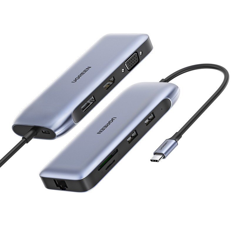 UGREEN CM274 Hub 9in1 USB-C - HDMI/DP/VGA/2xUSB/RJ45/Ethernet/SD, TF card reader/USB-C PD 100W gray