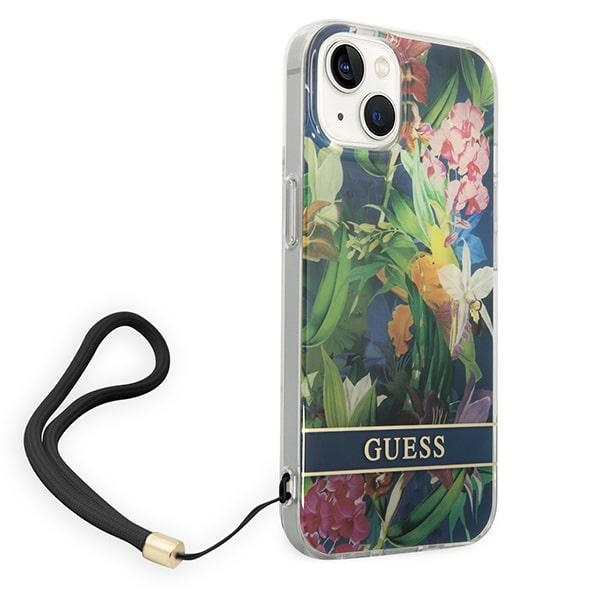 Guess GUOHCP14SHFLSB Apple iPhone 14 blue hardcase Flower Strap
