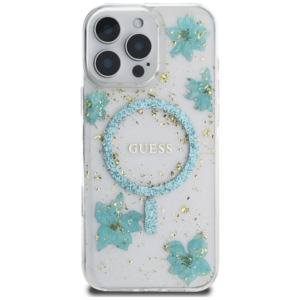 Case Guess Resin Flowers Glitter MagSafe for Apple iPhone 16 Pro turquoise
