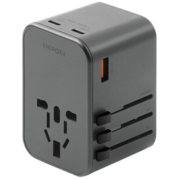 ENERGEA Travel World Adapter GaN65 4w1 US/UA/EU/UK USB-A, 2xUSB-C, PD65W, PPS55W, QC3.0 gunmetal 