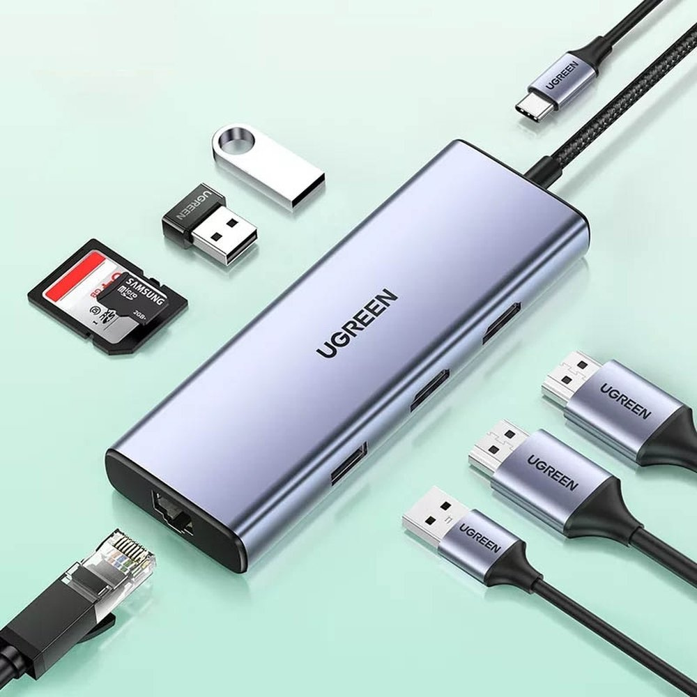 UGREEN CM490 Hub 9in1 USB-C - 2xUSB 3.2 Gen 1/USB 2.0/2xHDMI 4K 60Hz/card reader SD, TF/USB-C PD 100W/Ethernet RJ45 gray