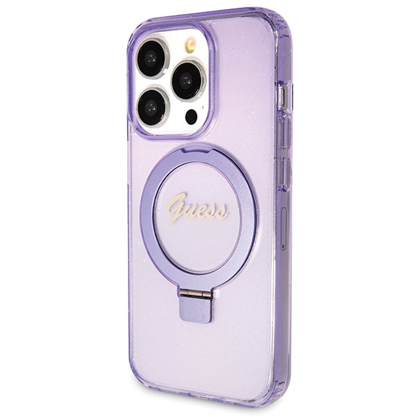 Guess GUHMP14XHRSGSU Apple iPhone 14 Pro Max hardcase Ring Stand Script Glitter MagSafe purple