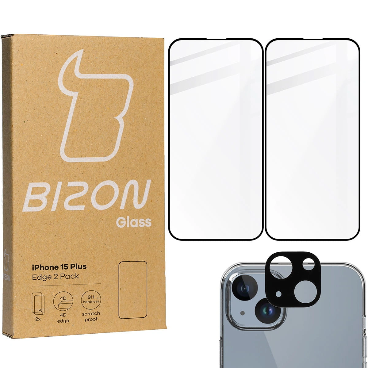 BIZON Edge 2x screen glass + camera glass Apple iPhone 15 Plus