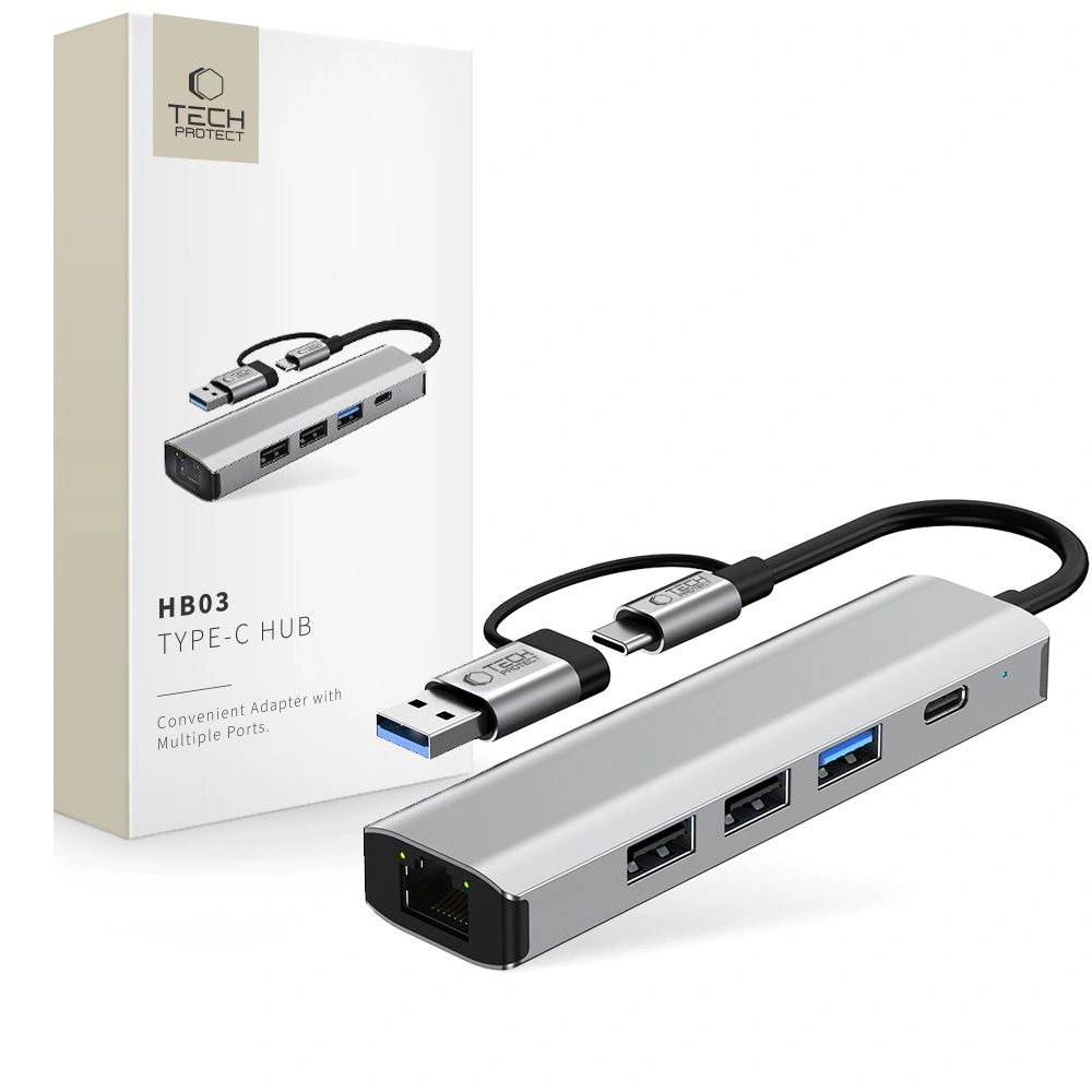 Tech-Protect HB03 HUB Adapter 5in1 USB-C + USB-A 2.0 + USB-A 3.0 + Ethernet RJ45 Space Grey