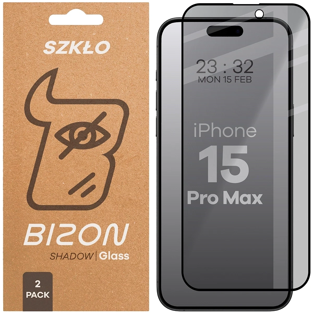 Prywatyzujące szkło hartowane Bizon Glass Edge Shadow Duo do do Apple iPhone 15 Pro Max przyciemniane z czarną ramką [2 PACK]