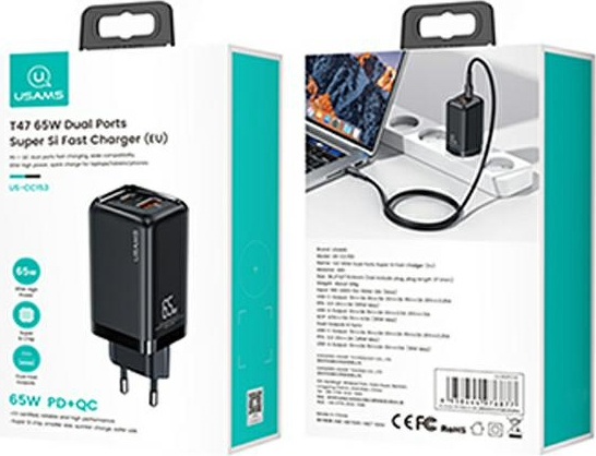 USAMS Wall Charger 1xUSB-C+1xUSB T47 65W PD Fast Charging Super Si black CC153TC01  (US-CC153)