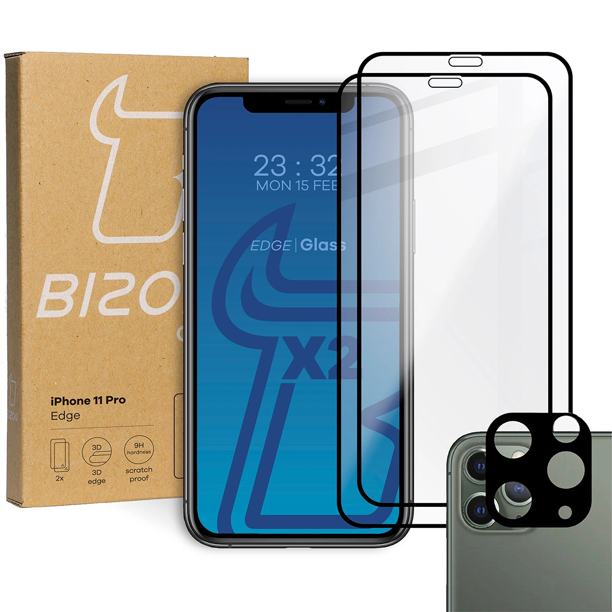 Bizon Glass Edge tempered glass - [2 PACK] + lens protection Apple iPhone 11 Pro black