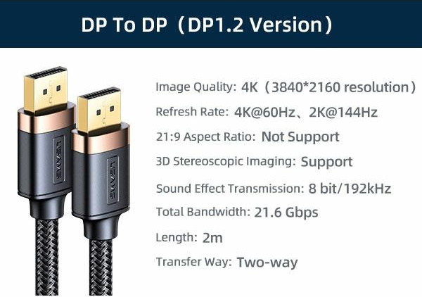 USAMS Cable DisplayPort - DisplayPort U74 2.0m  black 4K HD SJ531HD01 (US-SJ531)