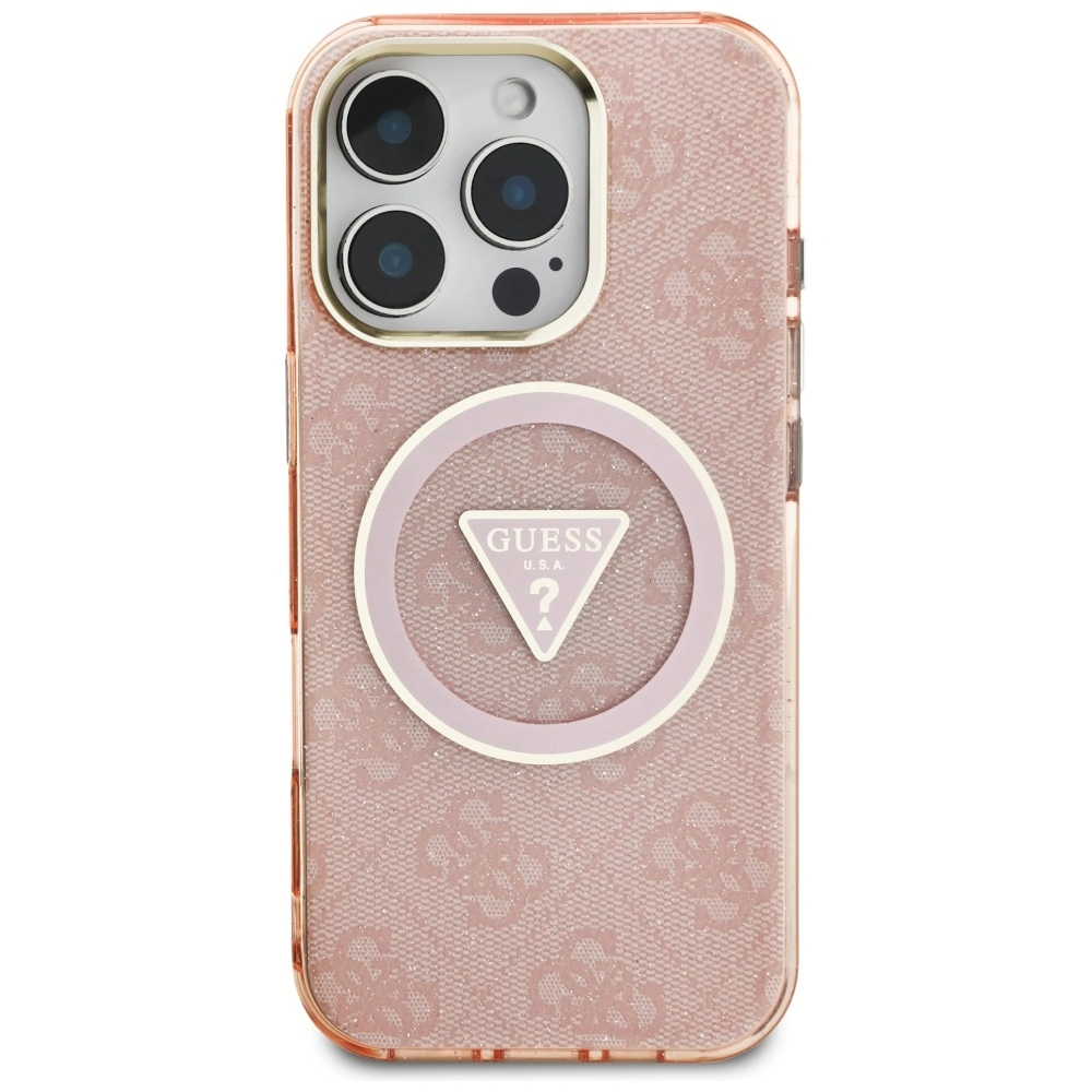 Etui Guess IML Metal Glitter 4G Circle Triangle MagSafe do Apple iPhone 16 Pro różowy