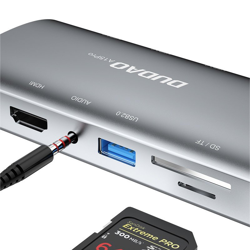 Hub Dudao 11in1 USB-C - USB-C PD 60 W/HDMI/3,5 mm mini jack/USB 2.0/card reader/VGA/RJ45/3x USB 3.2 Gen 1 gray (A15Pro)