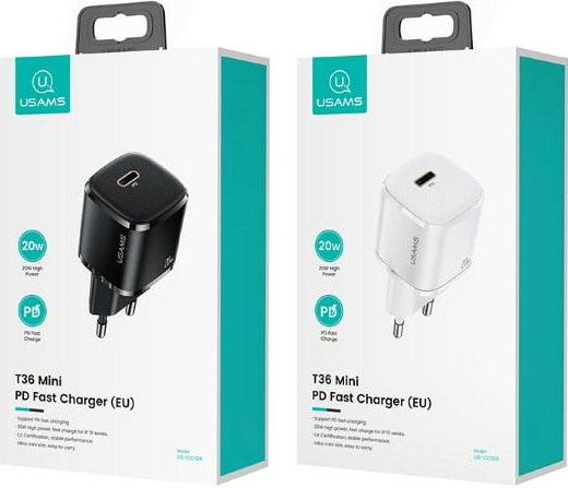 USAMS Wall Charger 1xUSB-C T36 mini 20W PD3.0 Fast Charging black CC124TC01 (US-CC124)