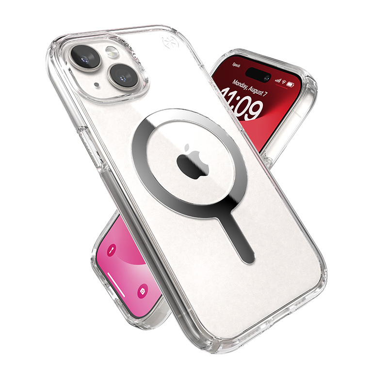 Speck Presidio Perfect-Clear MagSafe Apple iPhone 15 (Clear/Chrome Finish/Serene Silver)