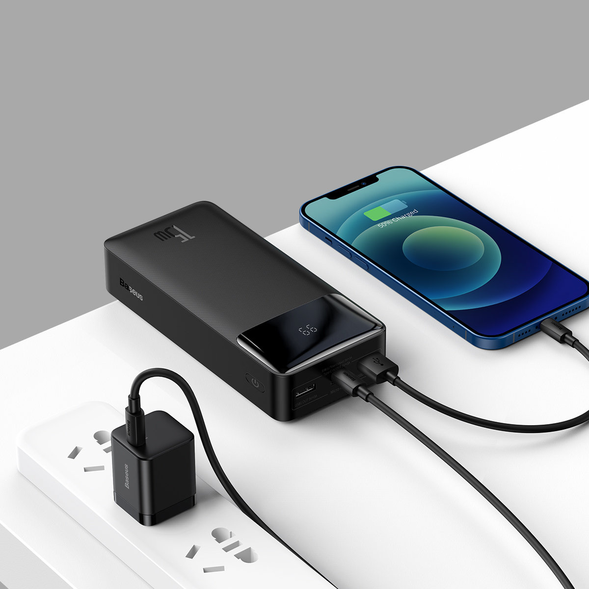 Powerbank Baseus Bipow Display 30000mAh 15W black (Overseas Edition) + USB/microUSB cable 0.25m black