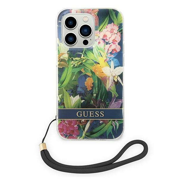 Guess GUOHCP14XHFLSB Apple iPhone 14 Pro Max blue hardcase Flower Strap