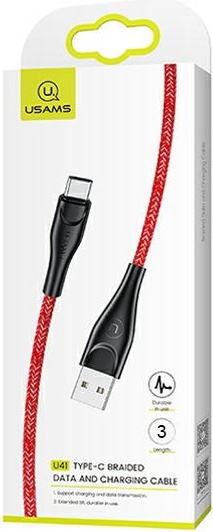 USAMS Nylon Cable U41 USB-C 3m 2A red SJ398USB02 (US-SJ398) Fast Charge