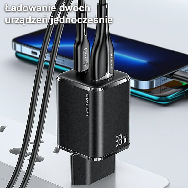 USAMS T43 Wall Charger 1xUSB-C/1xUSB 33W PD 3.0 + QC 3.0 + U63 cable USB-C/Lightning black USKTZ01