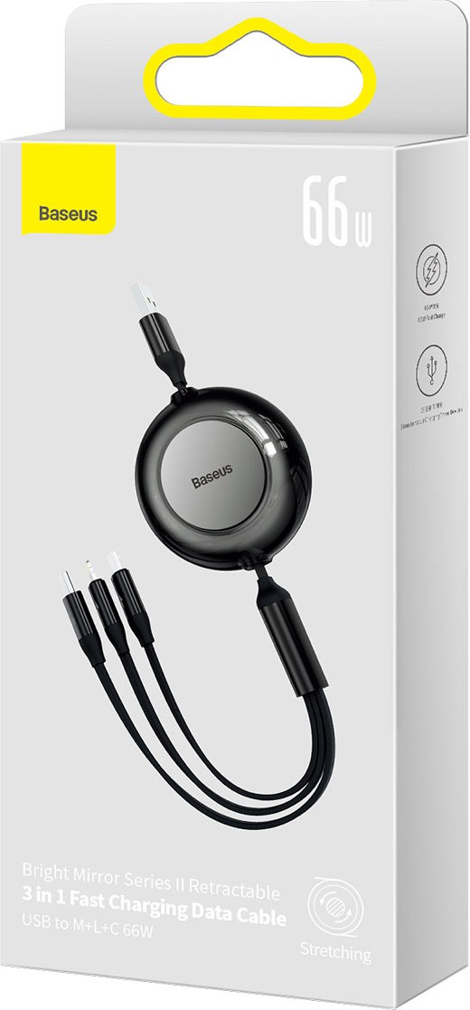 Baseus Bright Mirror 2 retractable cable 3in1 USB Type A - micro USB + Lightning + USB Type C 66W 1.1m black