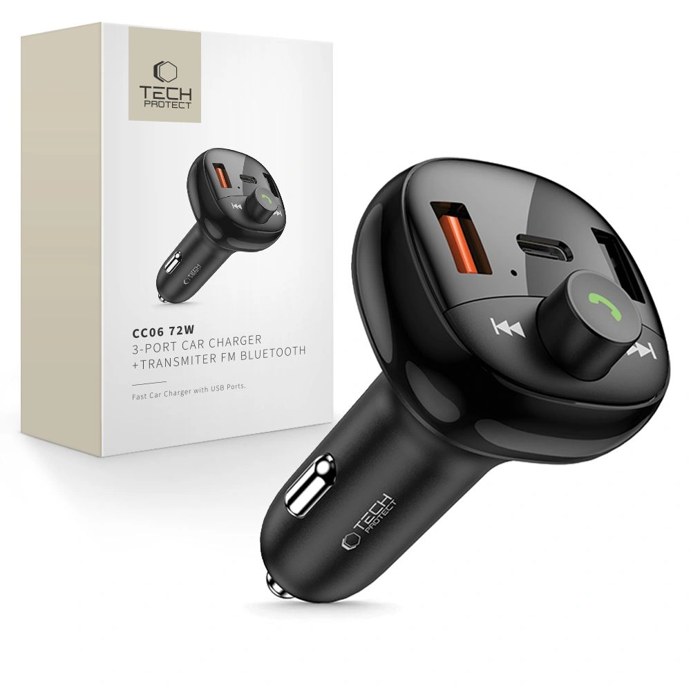 Tech-Protect CC06 3-port Car Charger 2xUSB-A, USB-C PD 72W + Transmiter FM Bluetooth Black
