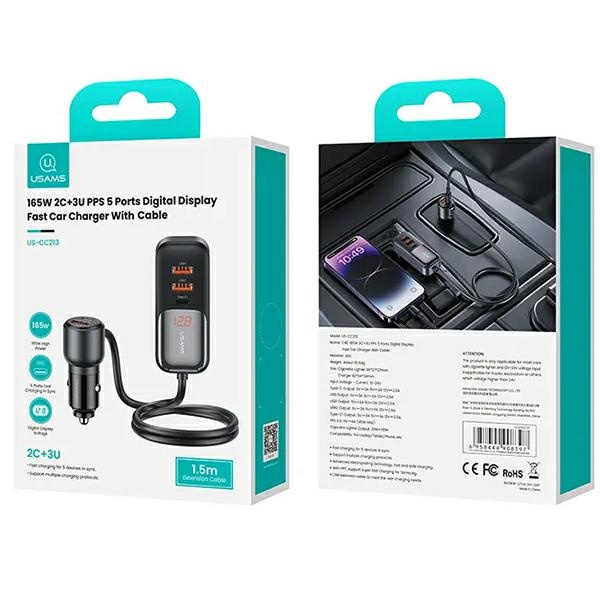USAMS C40 3xUSB-A,2 xUSB-C car charger 165W PD+QC Fast Charge black