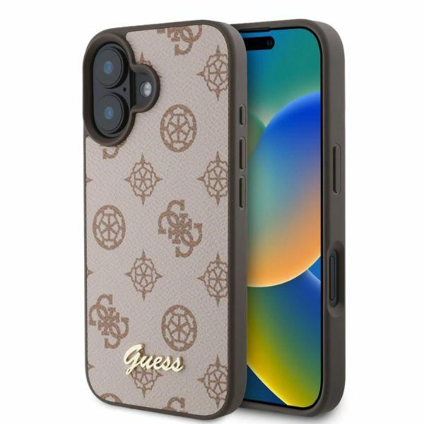 Case Guess GUHMP16SPGPYSW Apple iPhone 16 hardcase Peony Script MagSafe brown