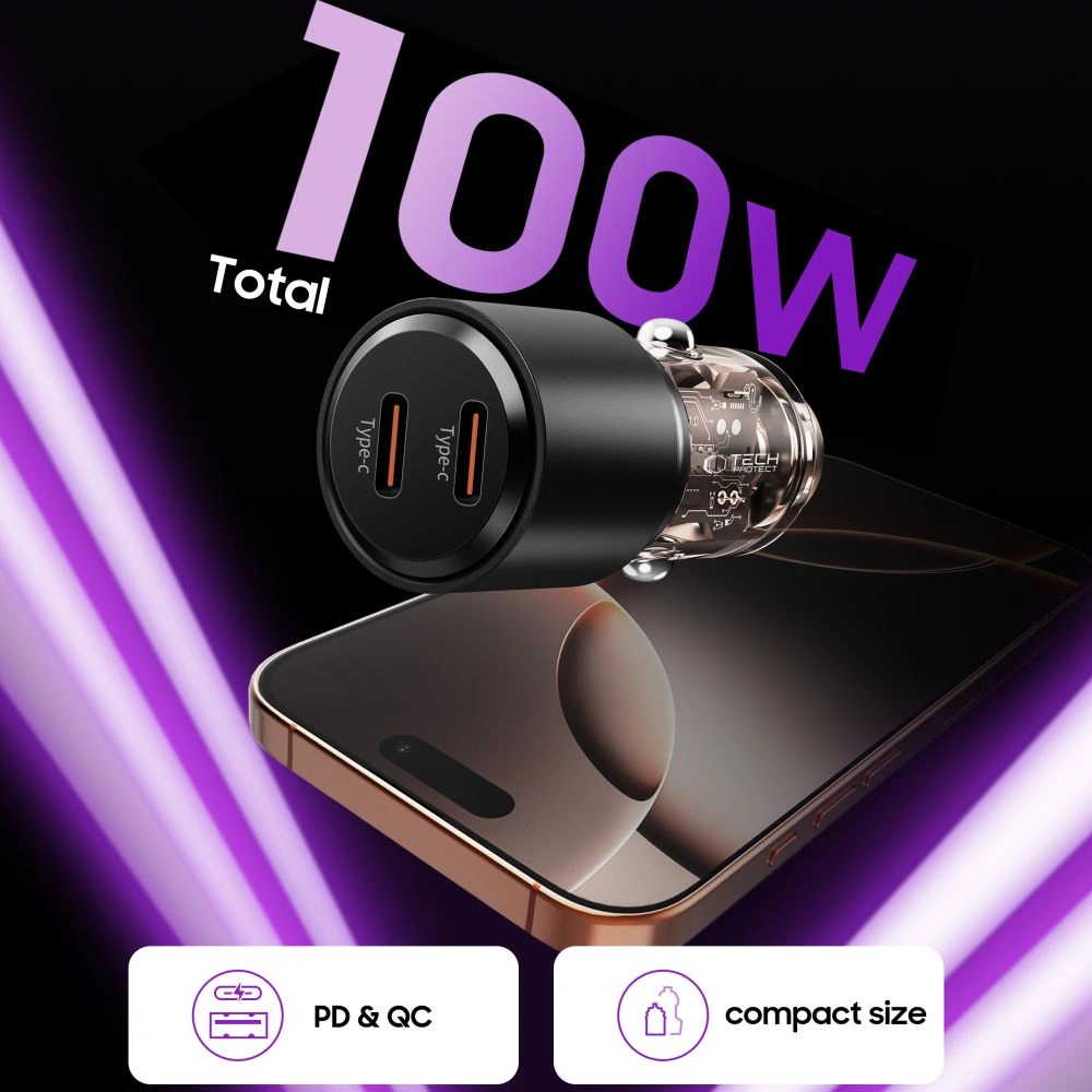 Tech-Protect CC03 2-port 2xUSB-C Car Charger PD 100W Black