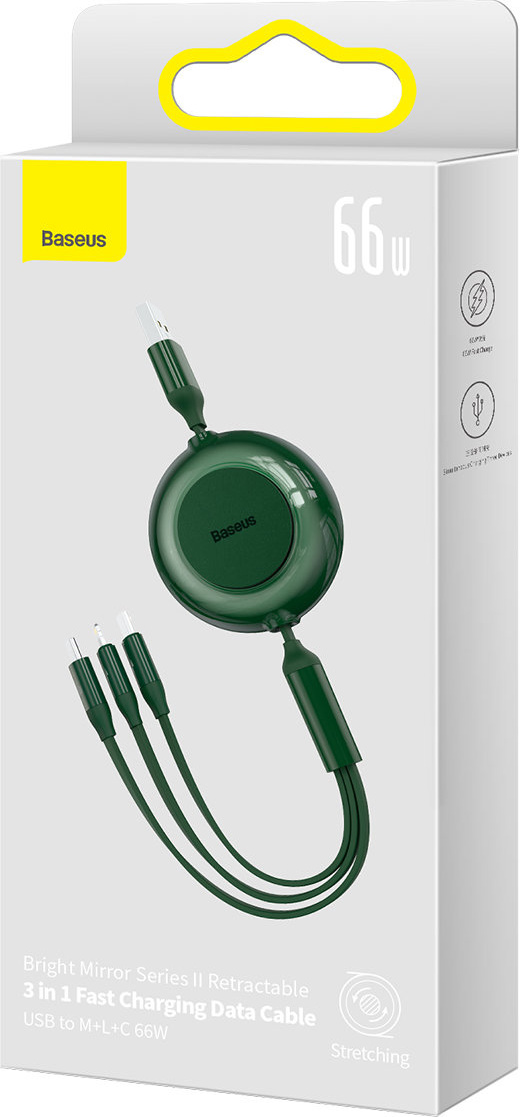 Baseus Bright Mirror 2 retractable cable 3in1 USB Type A - micro USB + Lightning + USB Type C 66W 1.1m green