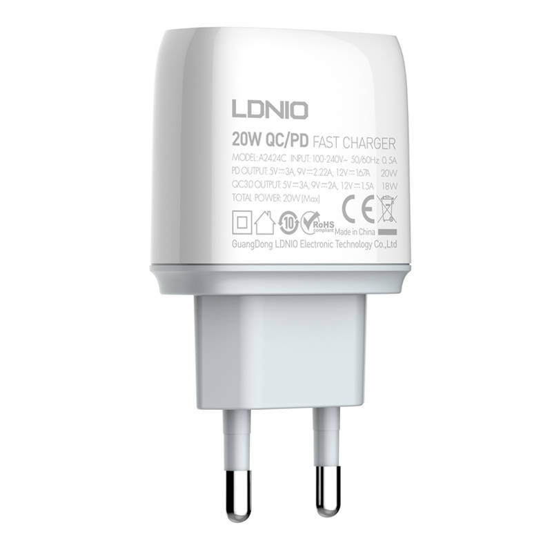 LDNIO A2424C USB, USB-C 20W mains charger + USB-C/Lightning cable