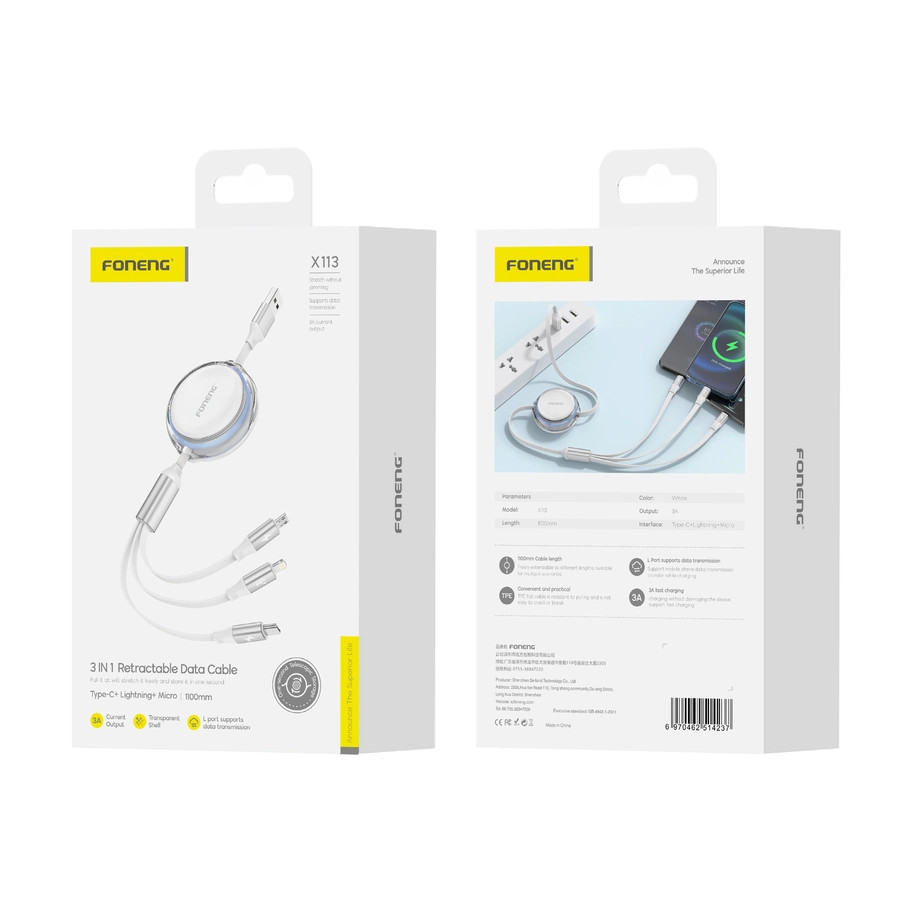 Kabel 3w1 FONENG X113 3A 1.1m, biały