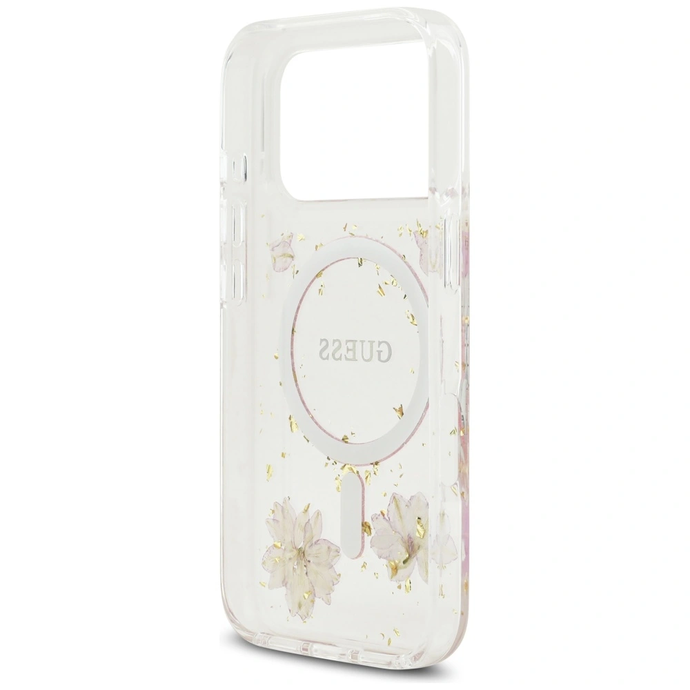 Etui Guess Resin Flowers Glitter MagSafe do Apple iPhone 17 Pro różowy