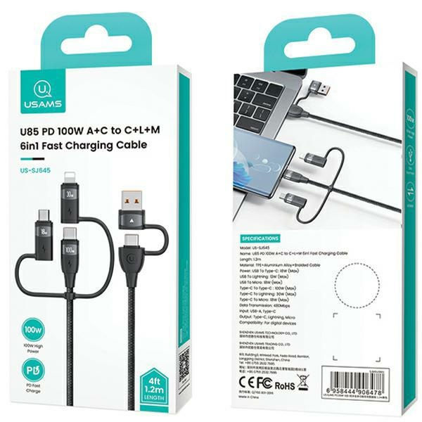 USAMS US-SJ645 U85 USB-A+USB-C/USB-C, Lightning, microUSB 6w1 1,2m 100W PD Fast Charge black