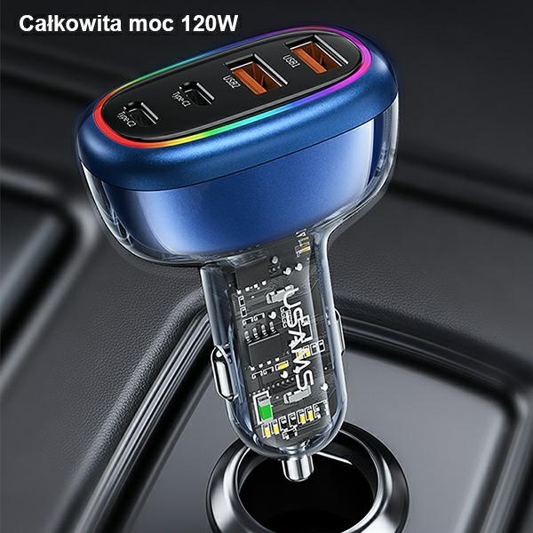USAMS Car Charger 2xUSB-C 2xUSB-A C34 120W Fast Charge Blue CC169CC01 (US-CC169)