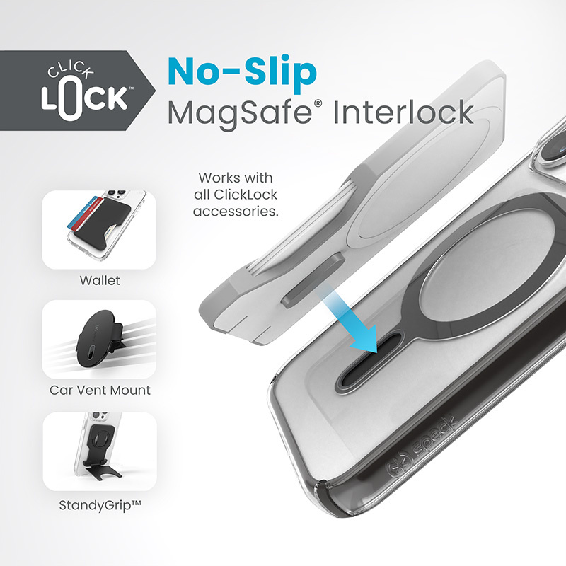 Speck Presidio Perfect-Clear ClickLock MagSafe Apple iPhone 15 Pro (Clear/Frosted Black/Slate Grey)