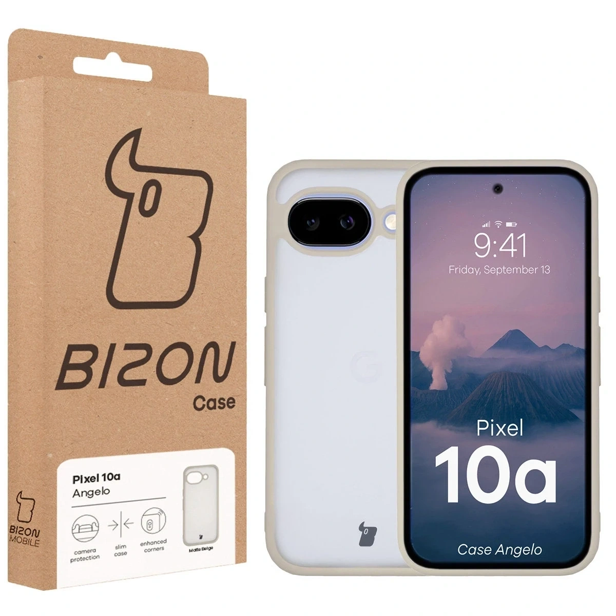 Etui Bizon Case Angelo do Google Pixel 10a półprzezroczyste z beżową ramką