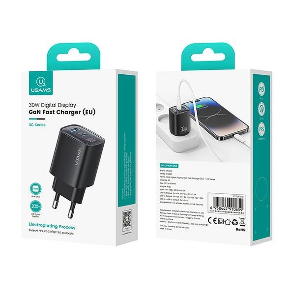 USAMS CC229 wall charger USB-A, USB-C 30W GaN Fast Charging XC Series white