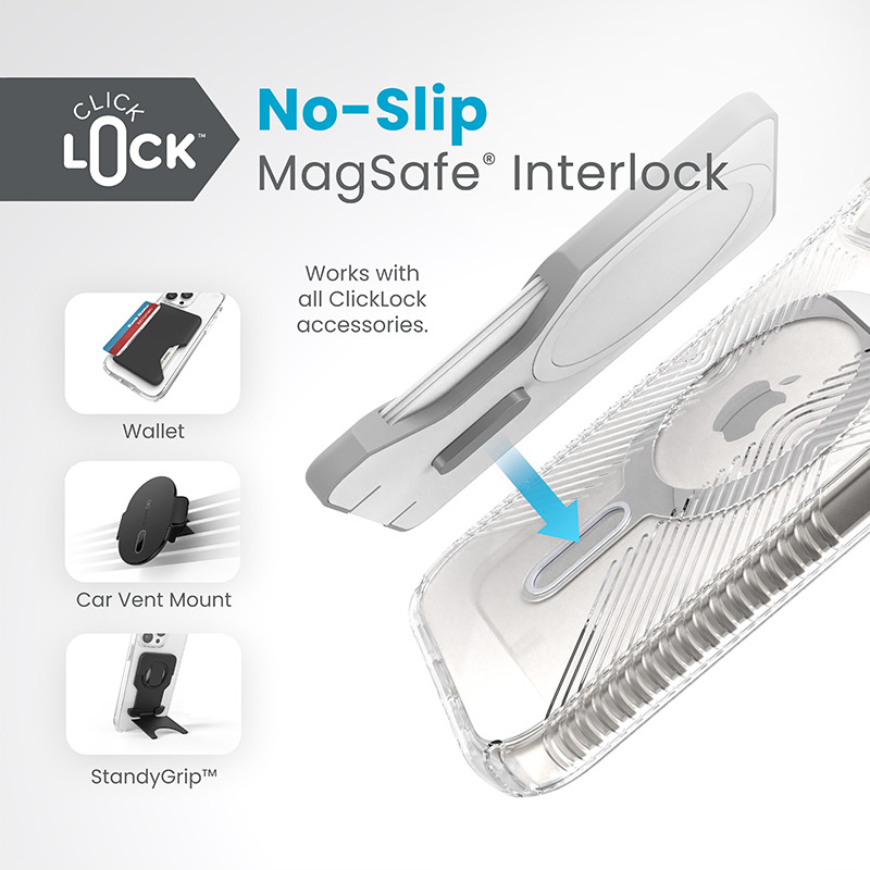 Speck Presidio Perfect-Clear Grip ClickLock MagSafe Apple iPhone 15 (Clear/Chrome Finish/Serene Silver)