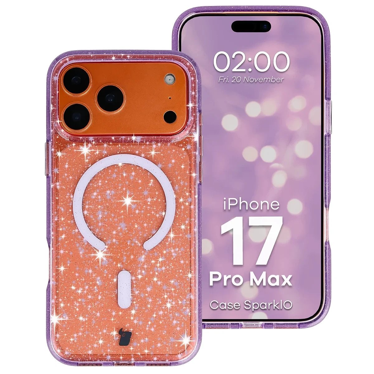 Etui brokatowe z pierścieniem magnetycznym Bizon Case SparklO do Apple iPhone 17 Pro Max, przezroczysto-fioletowe z brokatem